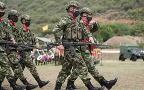 Members of the Colombian military march during the inauguration of a new unit to address rebel and armed criminal group activities along its border with Venezuela, in Cúcuta, Colombia, on 6 October 2021.